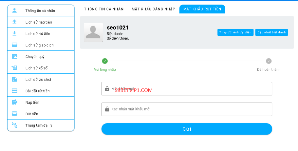 Form điền mật khẩu rút tiền S8