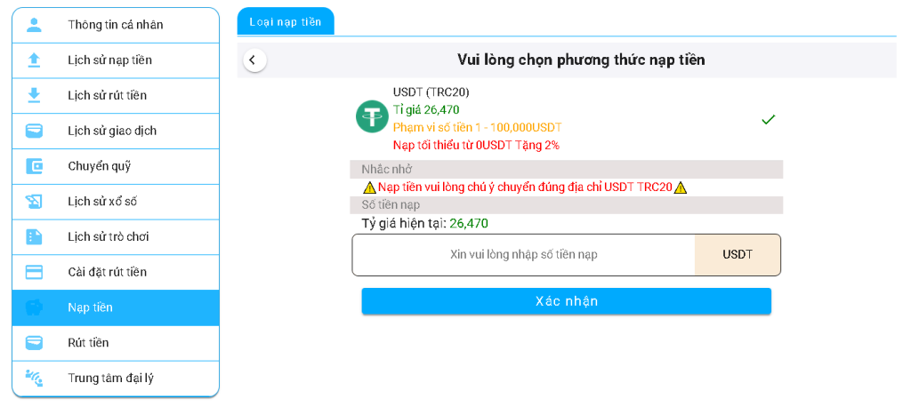 Nạp tiền bằng ví USDT tại S8