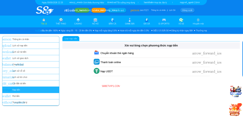 Giao diện chọn phương thức nạp tiền của nhà cái S8